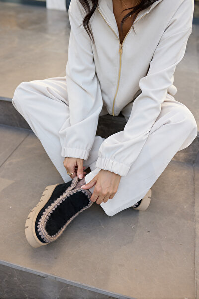 ANGELİNA JONES Munny Women's Black Genuine Leather Suet Ultramini Kurklu Boots