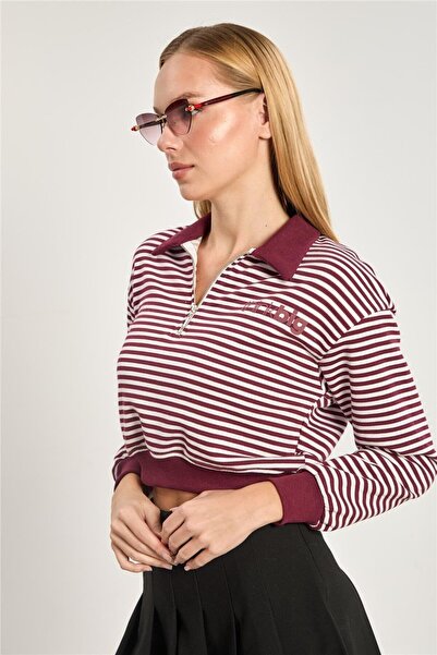 BARRELS AND OIL Women's Polo Neck Half Zipper Striped Sweatshirt - Burgundy Ecru