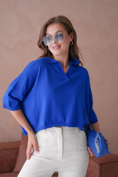 WOMAN VISION Übergroße gelbe Crop-Bluse mit Polokragen - UK 002