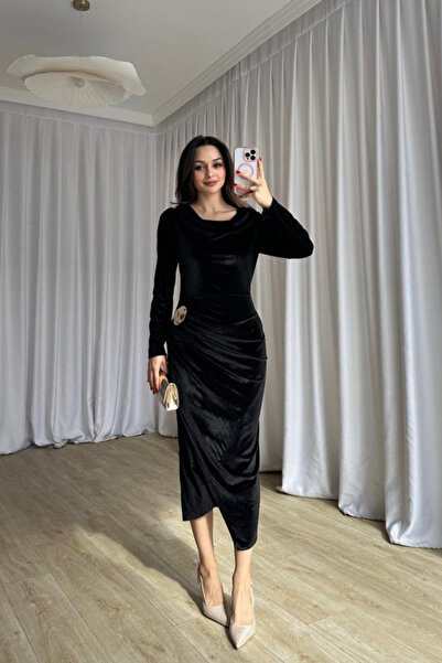 MODAMİNEM Women's Velvet Draped Midi Dress