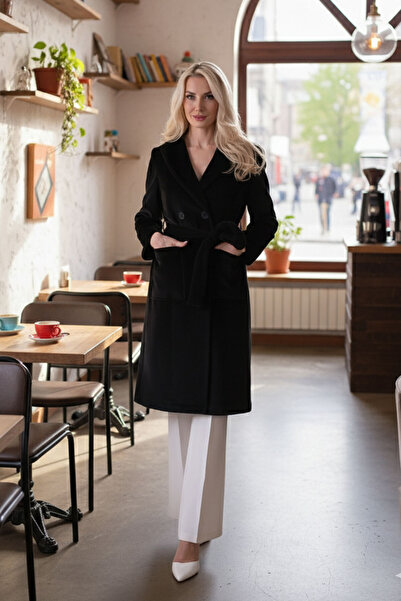 Feminist Çift Cepli Kemer Bağlamalı Kapüşonlu Yün Kaban Siyah 0108089