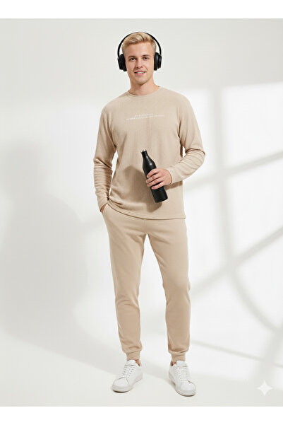 ribana Unisex Corded Fabric Crew Neck Long Sleeve Printed 2-Piece Set