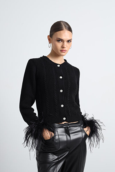 Mozto Nuve Feathered Black Cardigan