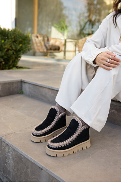 ANGELİNA JONES Munny Women's Black Genuine Leather Suet Ultramini Kurklu Boots