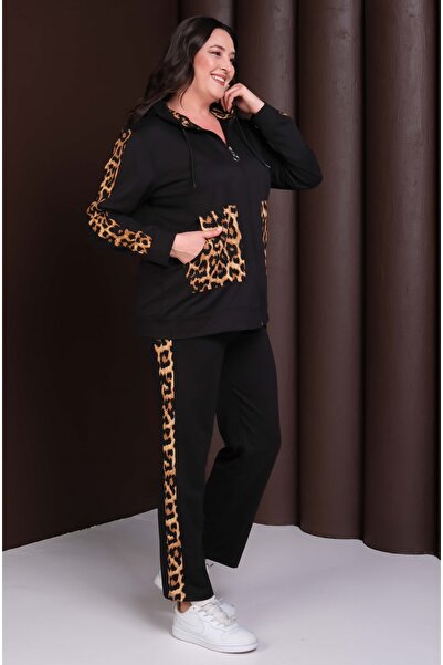 Şans Women's Plus Size Black, Leopard Detailed, Hooded Tracksuit Set 65N39254