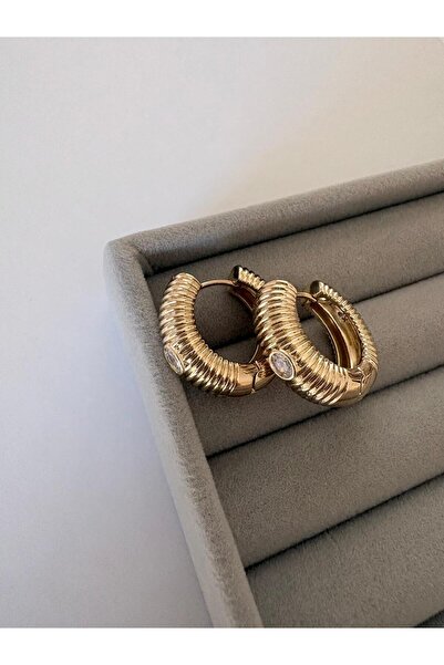 marsel aksesuar Special Series Stone-In-The-Middle Pipe Model Gold Hoop Earrings