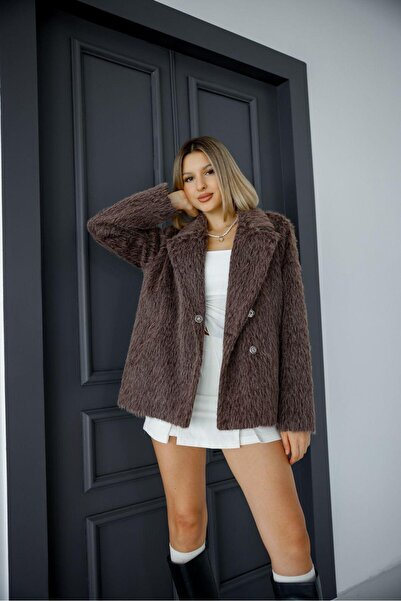 Milamia Palton crop pentru femei, din blană artificială din pene de alpaca, c...