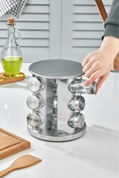 MAKRİ HOME 360 Rotatable Glass Spice Set with Stainless Steel Stand - 12-Piece Chrome Round