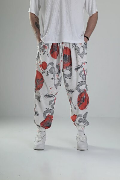 FG KONNİCHİWA Snake Pattern Chinese Unisex Ethnic Patterned Elastic Waist and Legs Casual Hippie Bohemian with Pockets