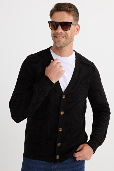 Tudors Men's standard fit regular cut v-neck buttoned black cardigan