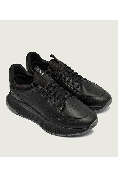 BOSS Men's Thick Heel Leather Lace-Up Comfortable Sole Black Sneaker 50553207-005