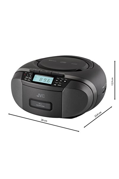JVC RC-E444B stereo CD radio cassette player, 4W RMS, Bluetooth, USB, LCD display, clock, black