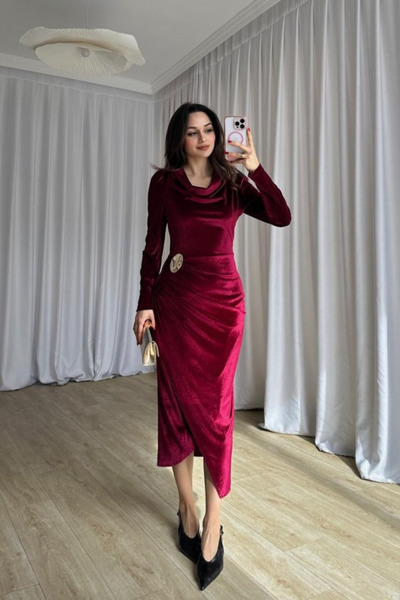 MODAMİNEM Women's Velvet Draped Midi Dress