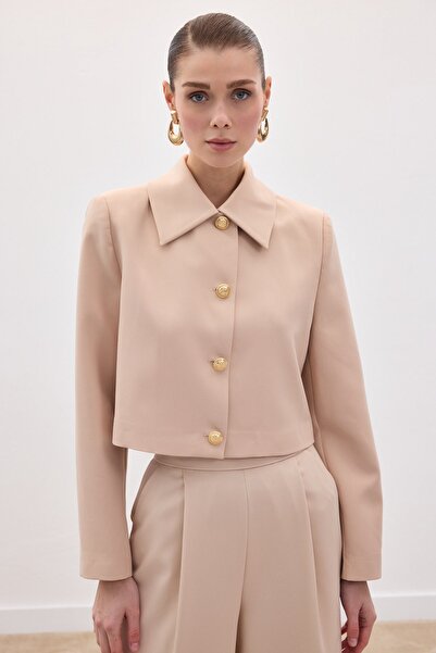 Sateen Buttoned Short Jacket - Beige