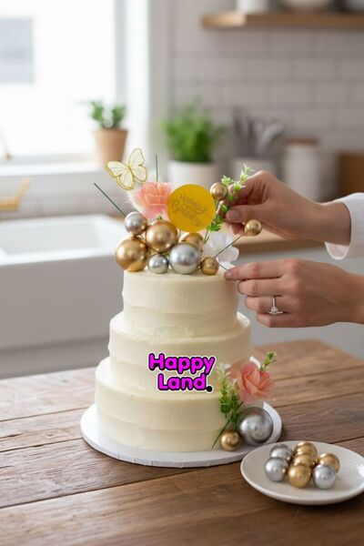 Happyland Gold-Gümüş Pasta Süsü 22’li Pasta Topları,Kelebek,Çiçek ve Tüy Happ...