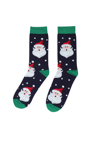 Serena Men's Christmas Long Socks – Santa Claus with White Polka Dots, Navy Blue Background
