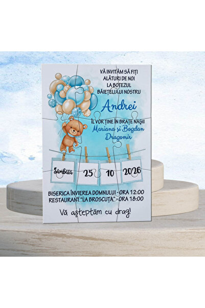PersonalizatCuStil Set 10 bucati Invitatii botez puzzle baiat model ursulet 9 piese