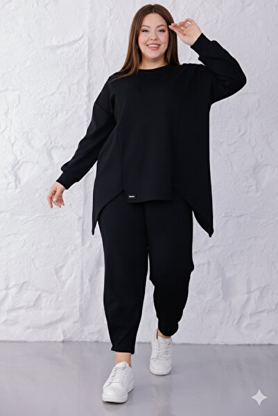 MAG FASHİON Plus Size Tracksuit Set Black Asymmetrical Posture Pants with Pleated Detail Osho Fabric-1