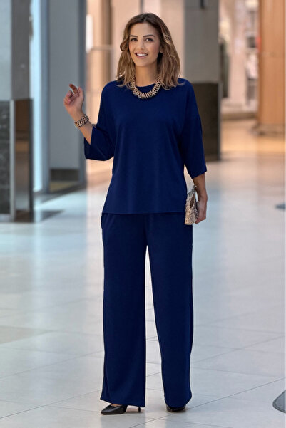 Nevin Kaya Moda Navy Blue Basic Pants Blouse Set