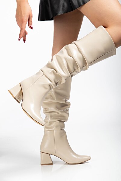 Budi Syt-2002 Beige Wrinkled Patent Leather Bellows Thick Heeled Casual Boots