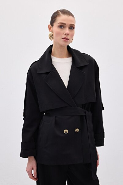 Sateen Short Trench Coat - Black