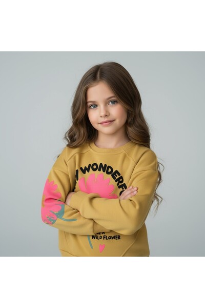 FESSHERA KİDS Girls' Sweatshirt Cotton Winter Thick Printed Sweatshirt-Long Sleeve Relaxed Fit Crew Neck