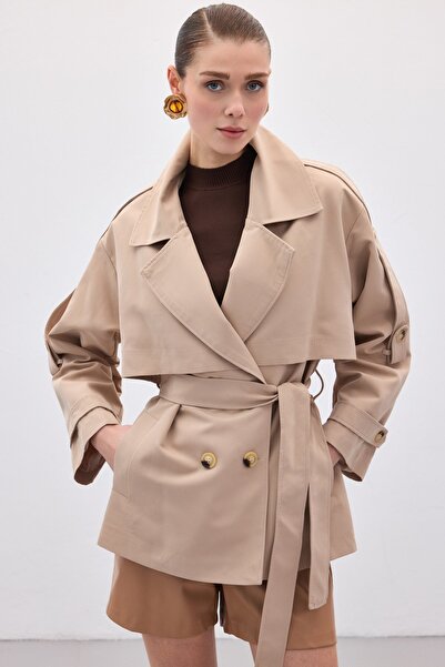 Sateen Short Trench Coat - Beige