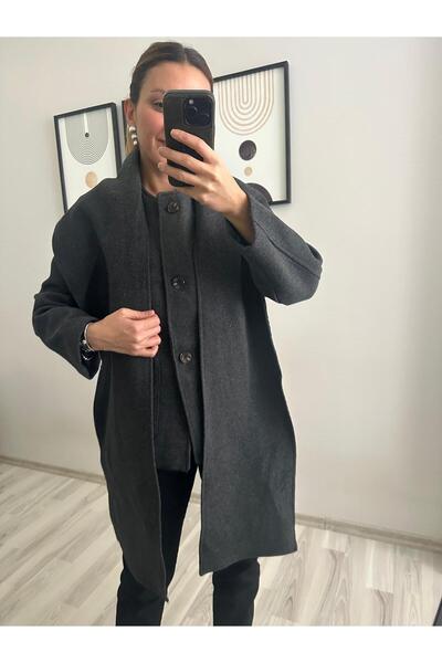 TB Butik Anthracite Short Cashmere Coat with Detachable Wide Scarf