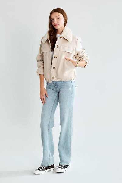 cemo Buttoned Short Faux Leather Jacket with Lamb Fur Collar