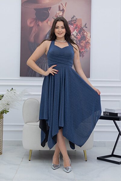 TREN Midnight Blue Halterneck Gown with Irregular Layered Hem and Shimmer Finish for Special Occasions