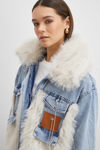 Never more Denim Paneled Fur Coat Blue