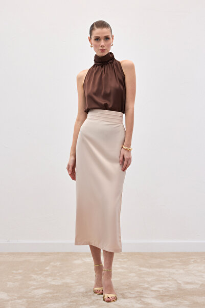Sateen Satin Skirt with Pleated Detail - Beige