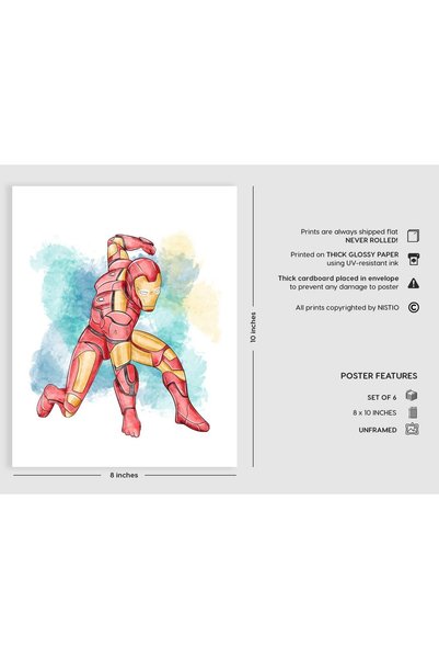 Today Idea Superhero Wall Decor Set of 6 Prints - 8x10in Unframed (Iron Man, Spiderman, Captain America, Hulk,