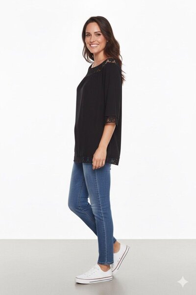 Zer Otantik Flower Motif Lace Large Size Blouse Black