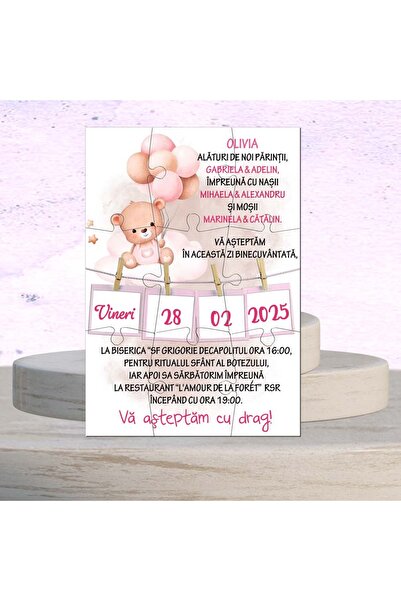 PersonalizatCuStil set 10 bucati Invitatii botez puzzle fetite ursulet 9 piese