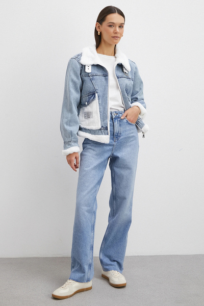 Never more White Belt Detailed Fur Denim Coat Blue