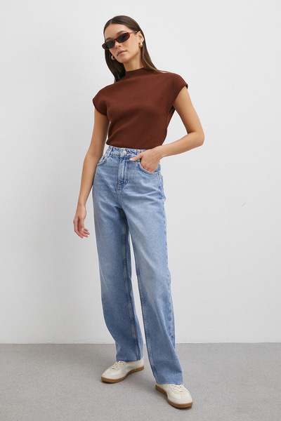 Never more High Waist Five Pocket Raw Hem Jean Blue
