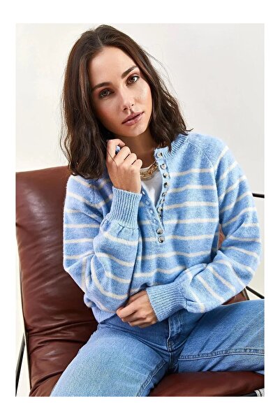 EsaDesign Women's Buttoned Collar Turtleneck Striped Knitwear Sweater