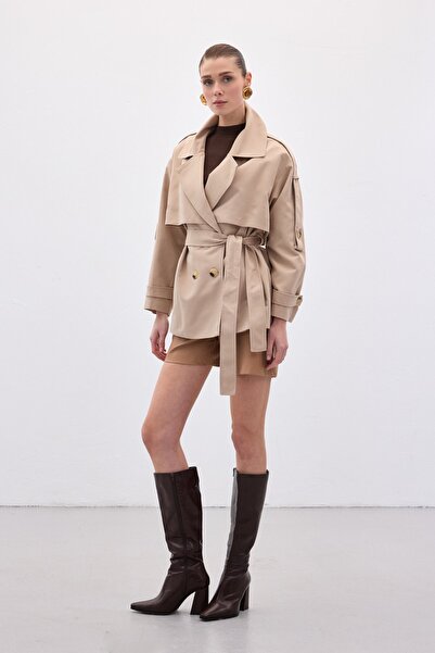 Sateen Short Trench Coat - Beige