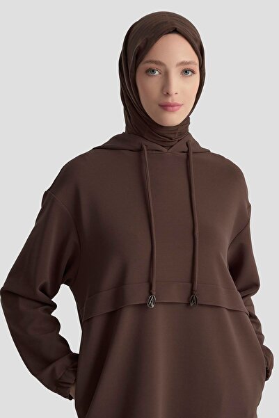 Armine Trend Hooded Side Pockets and Elasticated Sleeves Corded Fabric Tunic Brown 25Kt462
