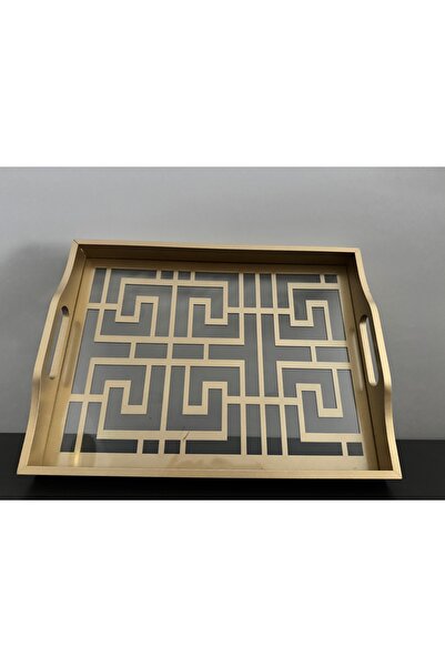 Santara Avangarde Wooden Glass Gold Decorated Tea Coffee Presentation Tray