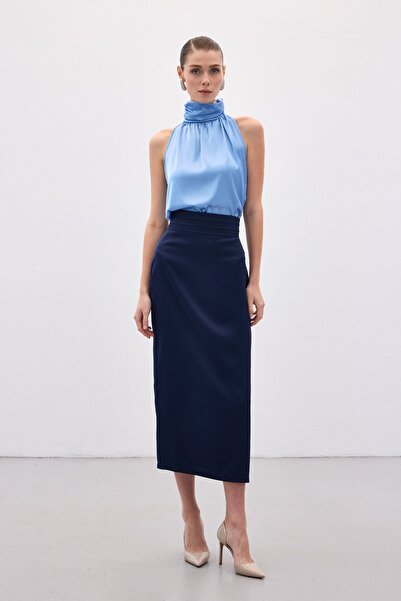 Sateen Satin Skirt with Pleated Detail - Navy Blue