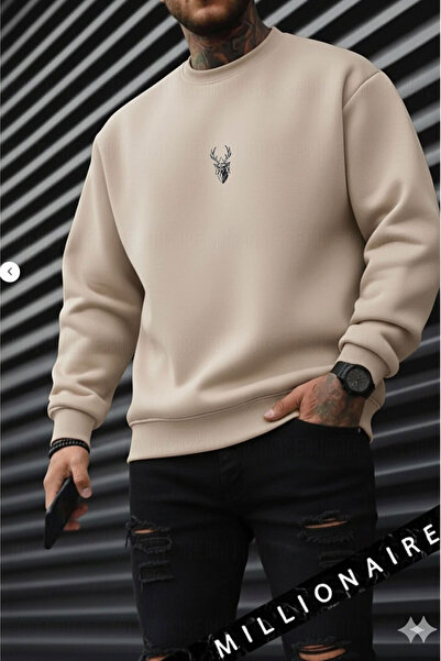 The Arid Mountain Men's Stone Sand Beige Geyik Soft 3 Yarn Inside Ş Fleece-Lined 0 Crew Neck O Oversized Casual Sweatshirt