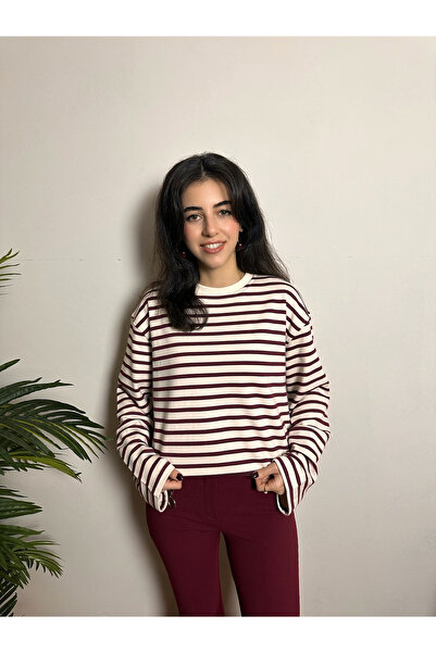 BELISTIL Hanorac basic cu dungi, bej burgundy