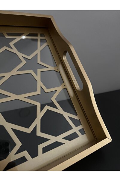 Santara Avangarde Wooden Glass Gold Decorated Tea Coffee Presentation Tray