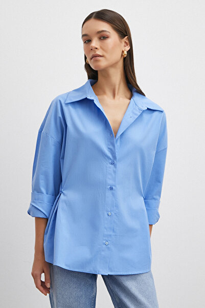 Never more Button Detailed Cotton Shirt Blue
