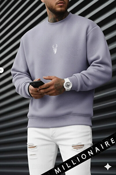 Millionaire Men's Lilac-Toned Gray Geyik Soft 3 Thread-In-One Ş Fleece-Lined 0 Crew Neck O Oversized Loose Sweatshirt