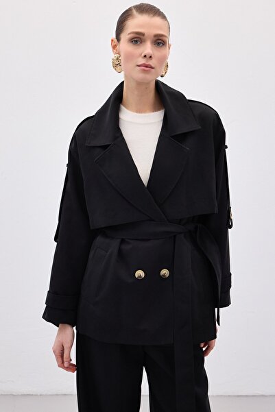 Sateen Short Trench Coat - Black
