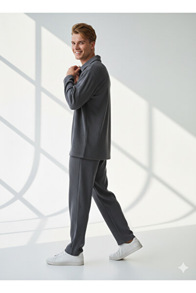 ribana Unisex Corded Fabric Shirt Collar Long Sleeve Pocket Elastic Waist 2-Piece Set