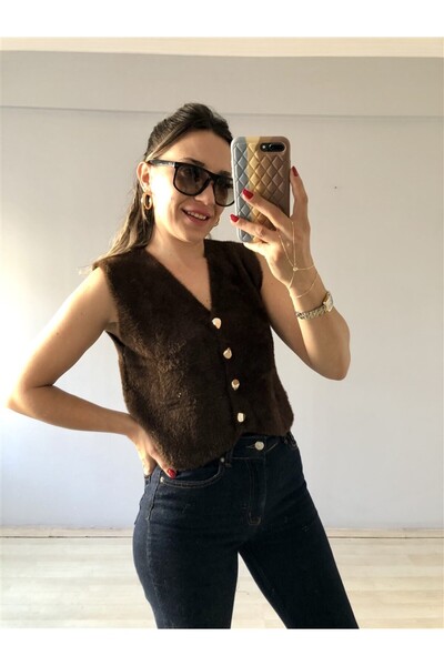 Gözde Tasarım Butik Women's V-Neck Buttoned Bitter Brown Soft Knitted Tricot Vest
